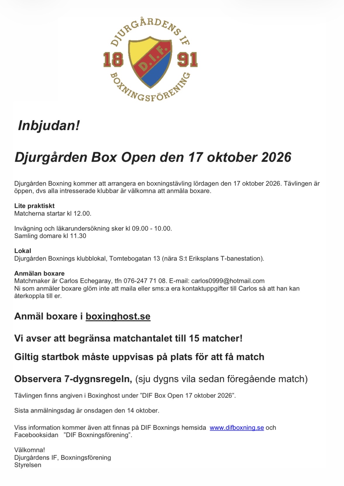 Djurgårdens Boxning arrangerar ny boxningstävlingden 17 oktober